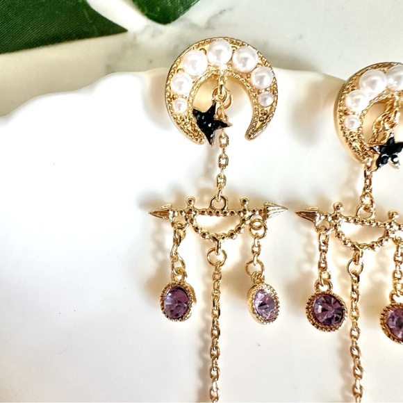 2/$30🌵 Crescent Moon Faux Pearl & Stone Earrings Star Tassel Boho Jewelry NEW - Picture 2 of 8